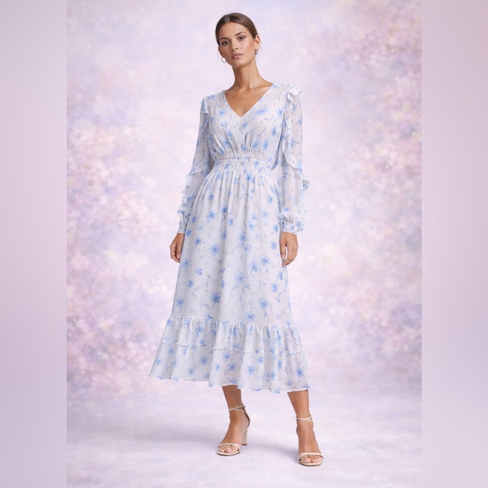 NEW Anthropologie By the River Dress Blue Floral Ruffle Peasant Bohemian Dress